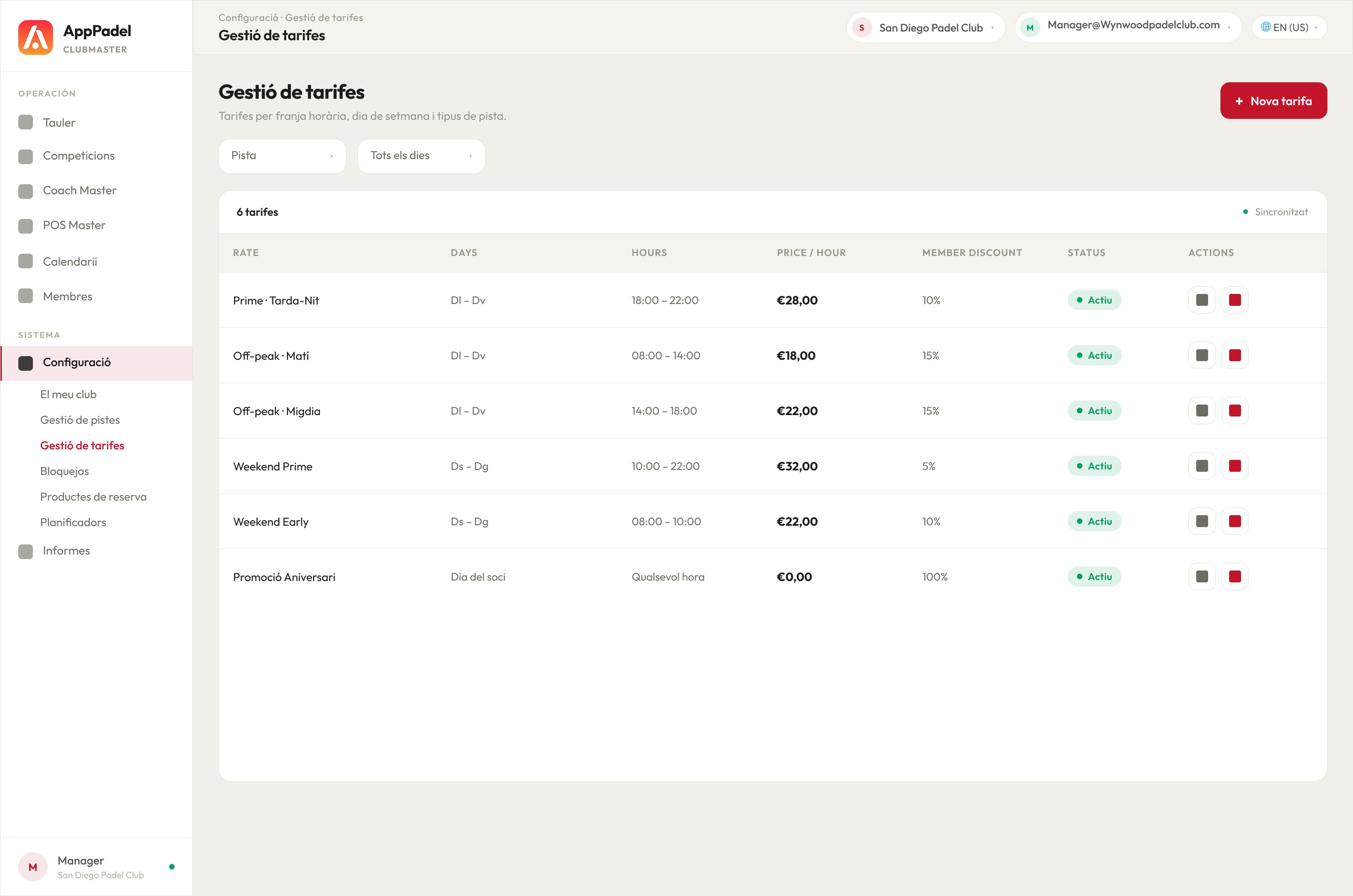 ClubMaster · Rate Management