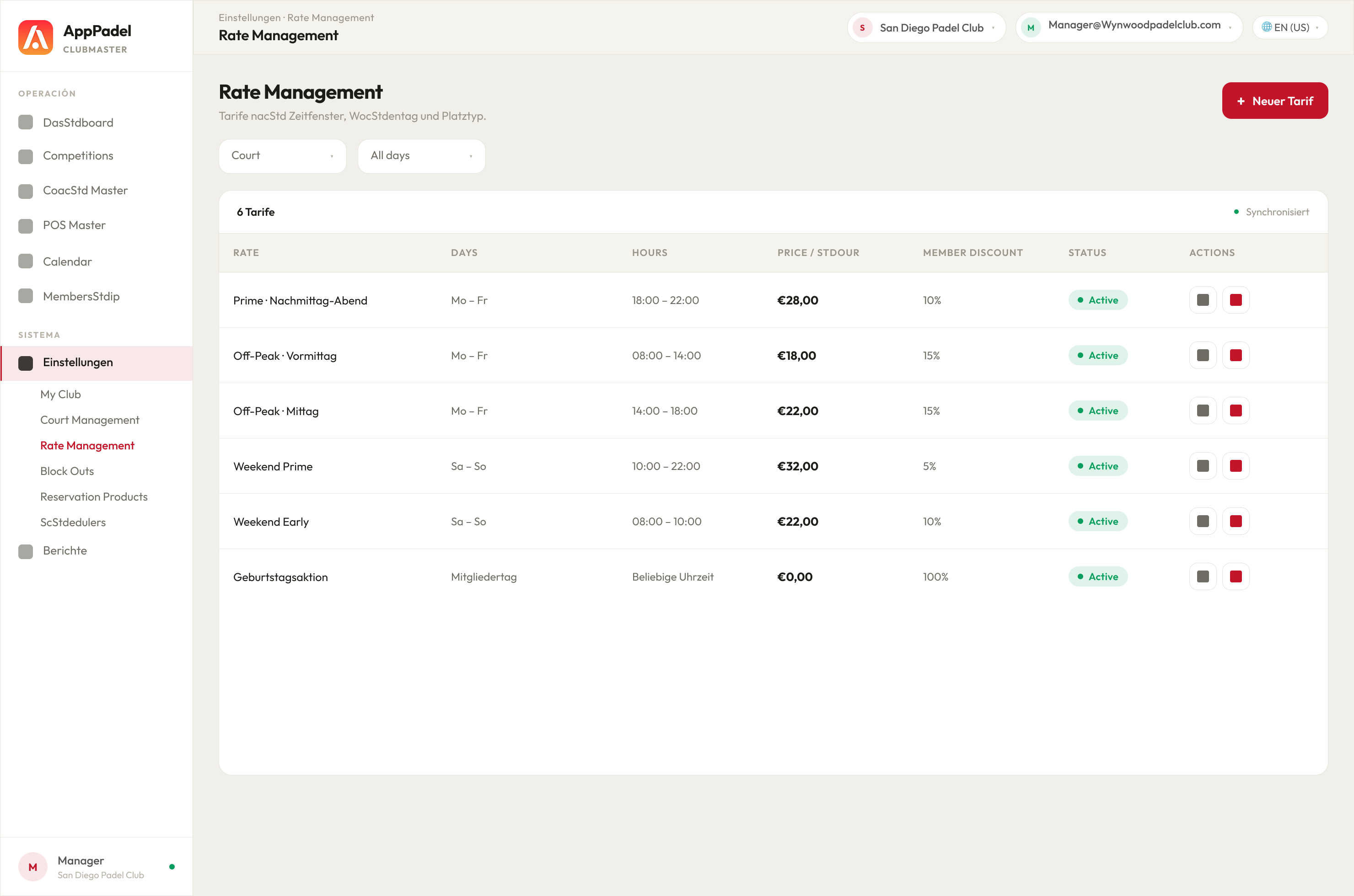 ClubMaster · Rate Management