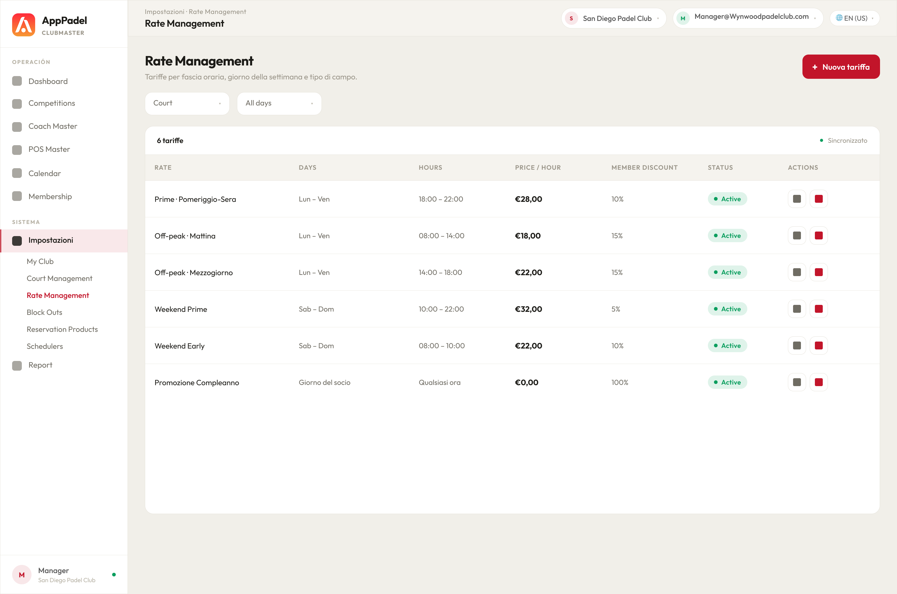 ClubMaster · Rate Management