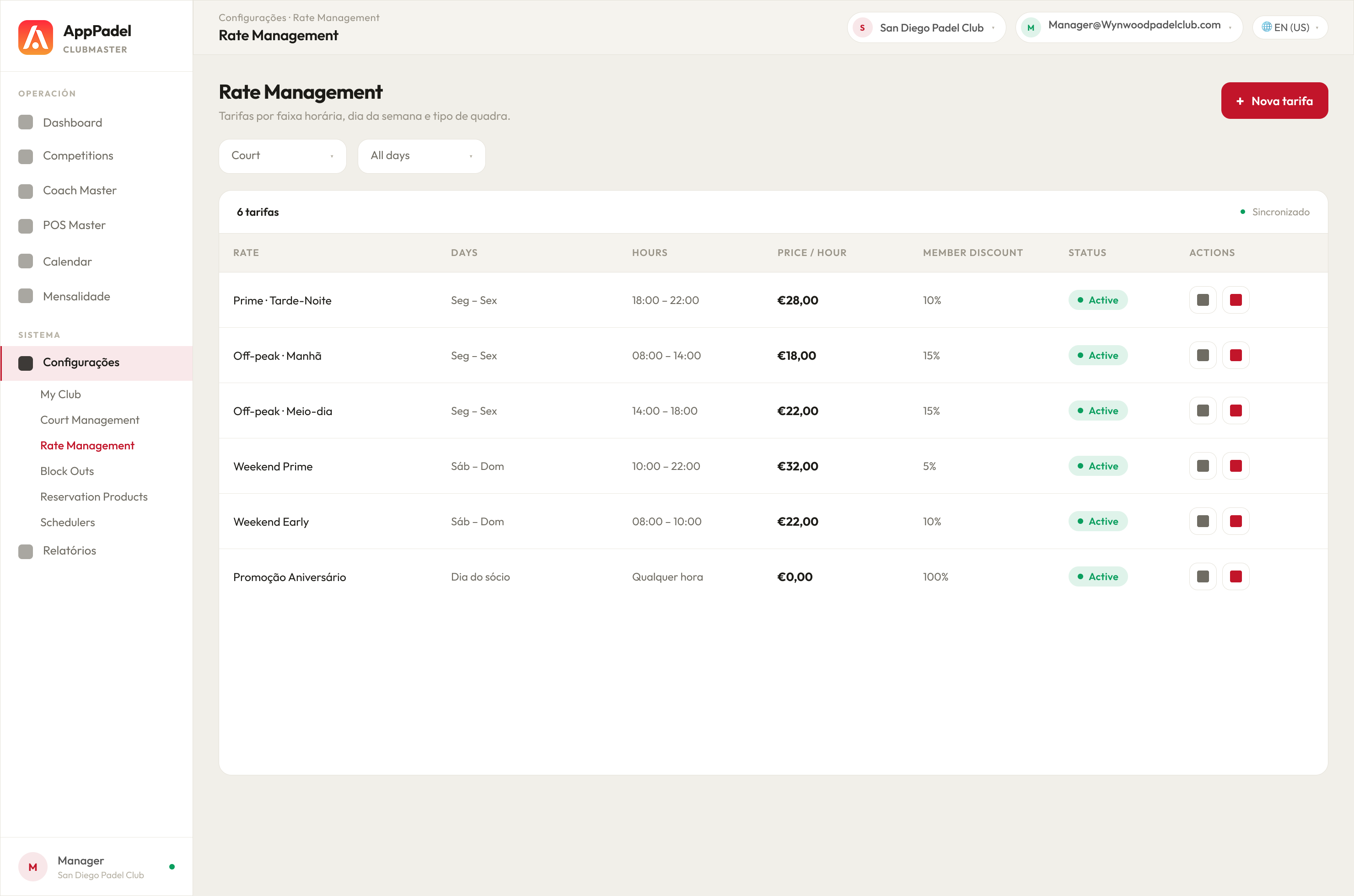 ClubMaster · Rate Management
